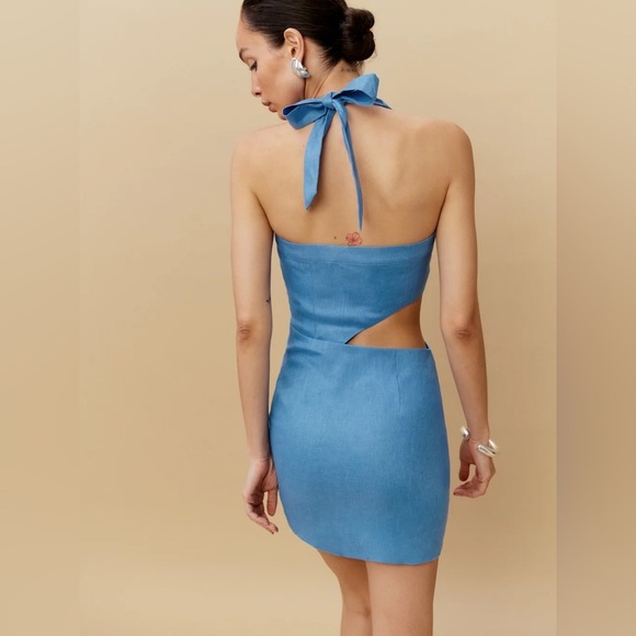 NWT Reformation Valli Linen Halter Cut Out Mini Dress Parisian Blue - Picture 5 of 13